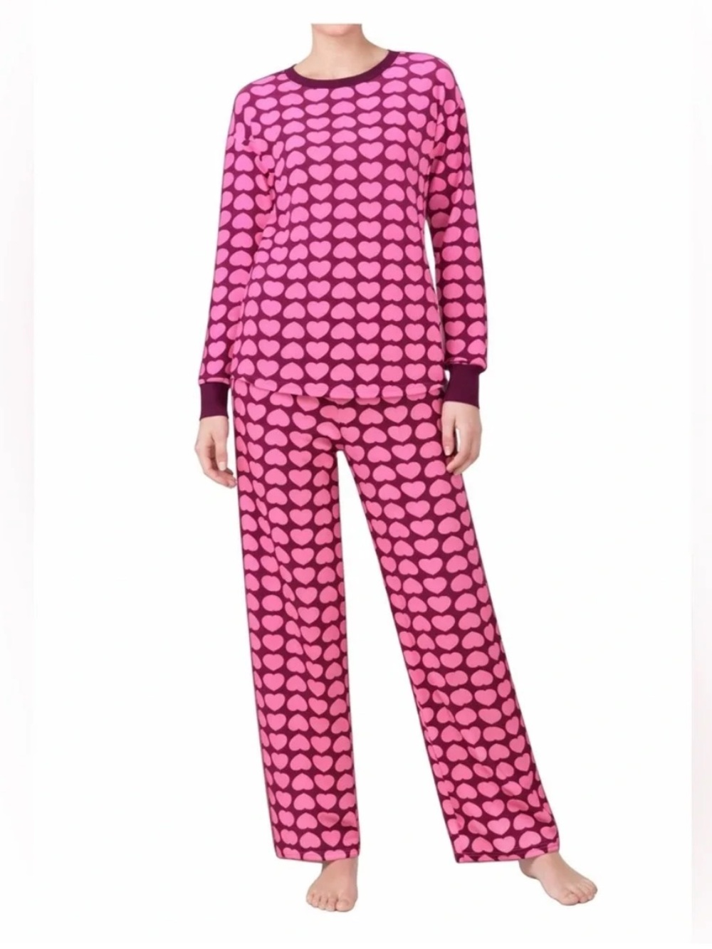 kate spade Pink Heart-Print Long Sleeve Pajama Set with Dark Magenta Trim
